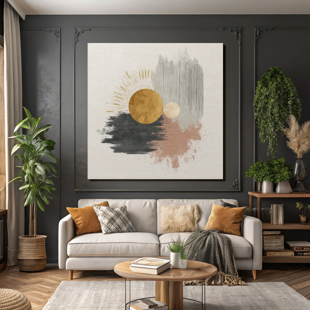 Abstract design circular shapes gold black grey pink background
