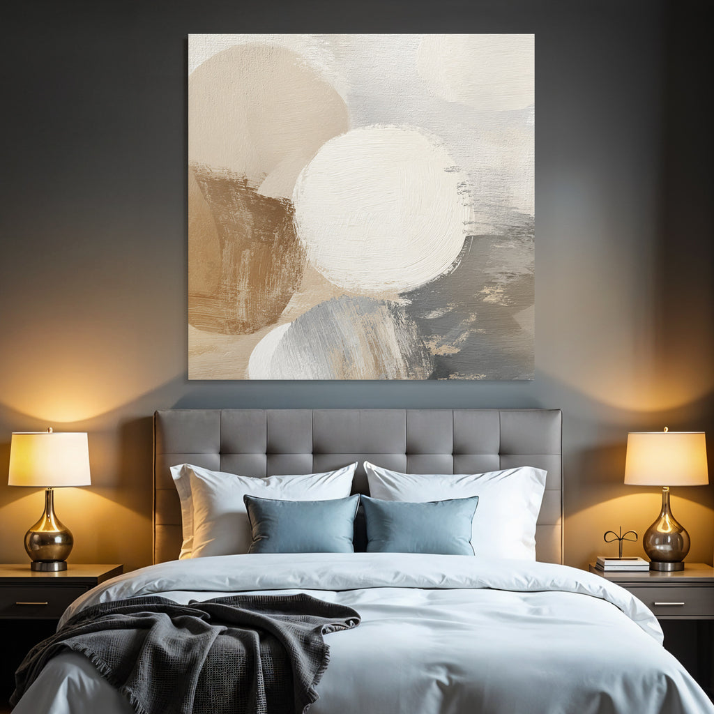 Abstraktes Malerei Kreisfoermige Formen Beige Weiss Grau