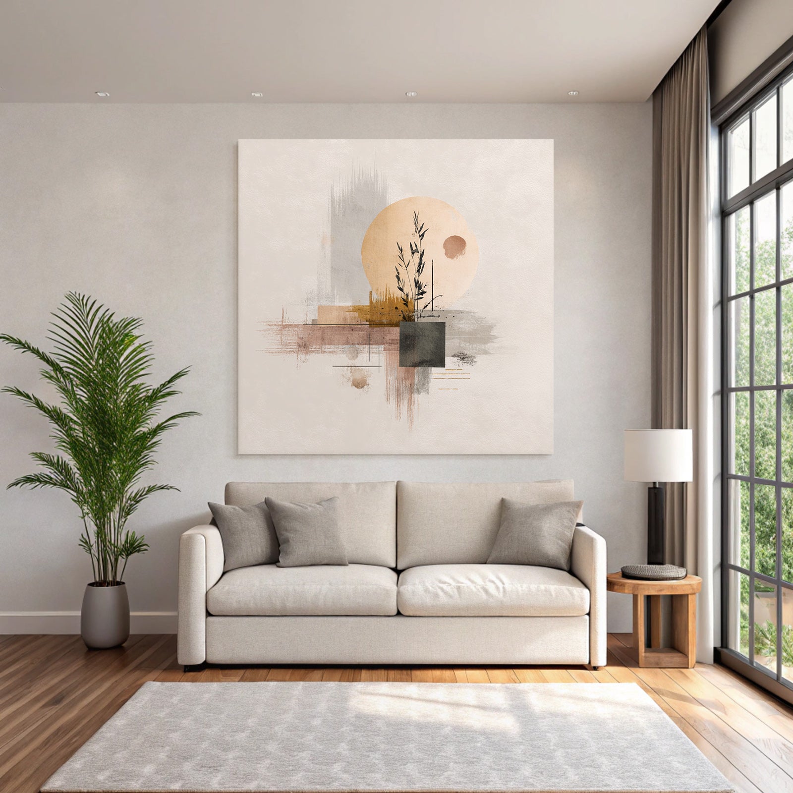 Bstraktes Kunstwerk Mit Pflanze Und Geometrischen Formen
