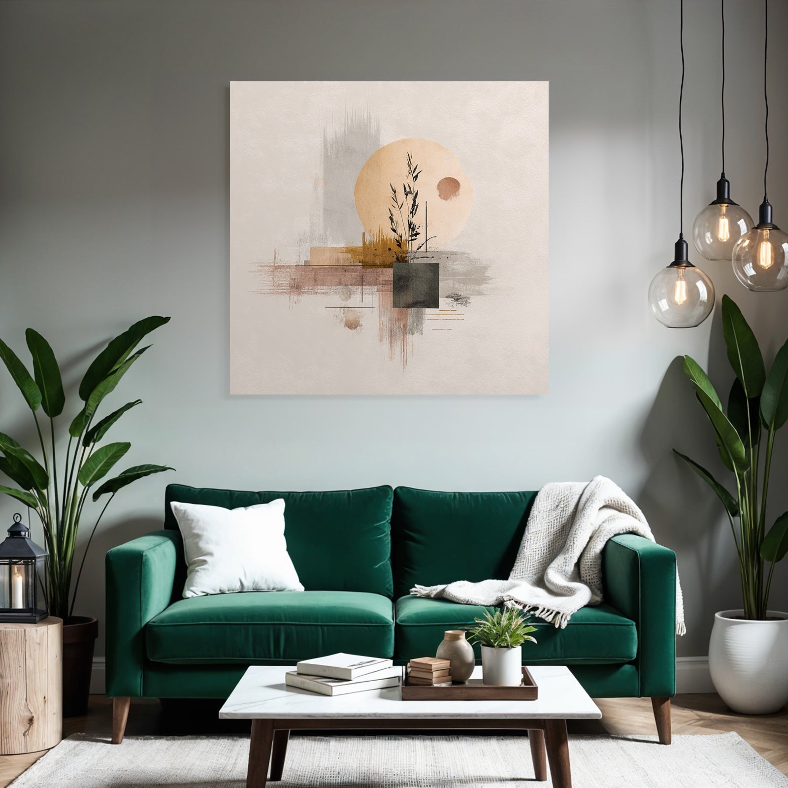 Bstraktes Kunstwerk Mit Pflanze Und Geometrischen Formen