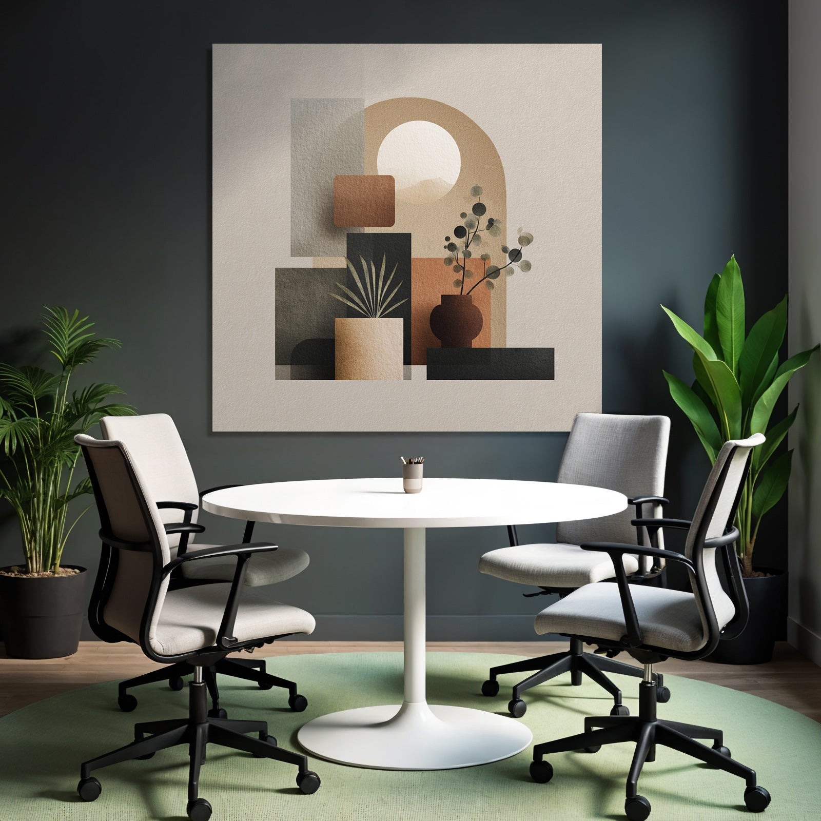 Modern Abstract Geometric Illustration With Plants And Sun Element Earthy Tones