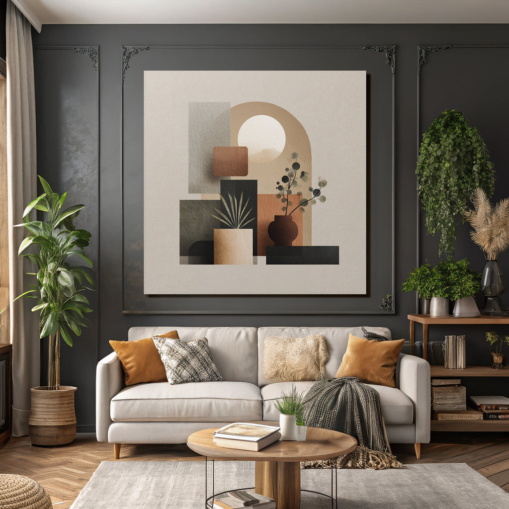 Modern Abstract Geometric Illustration With Plants And Sun Element Earthy Tones
