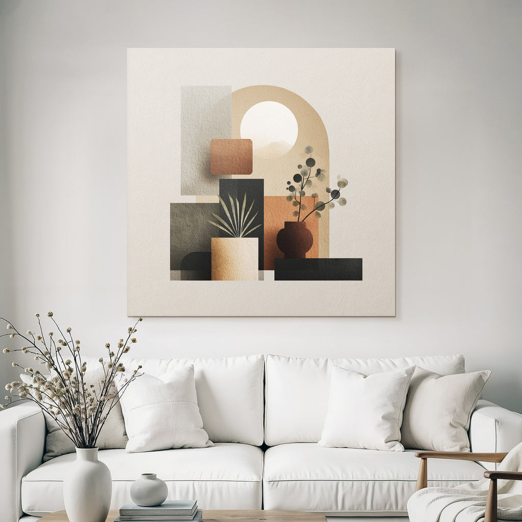 Modern Abstract Geometric Illustration With Plants And Sun Element Earthy Tones