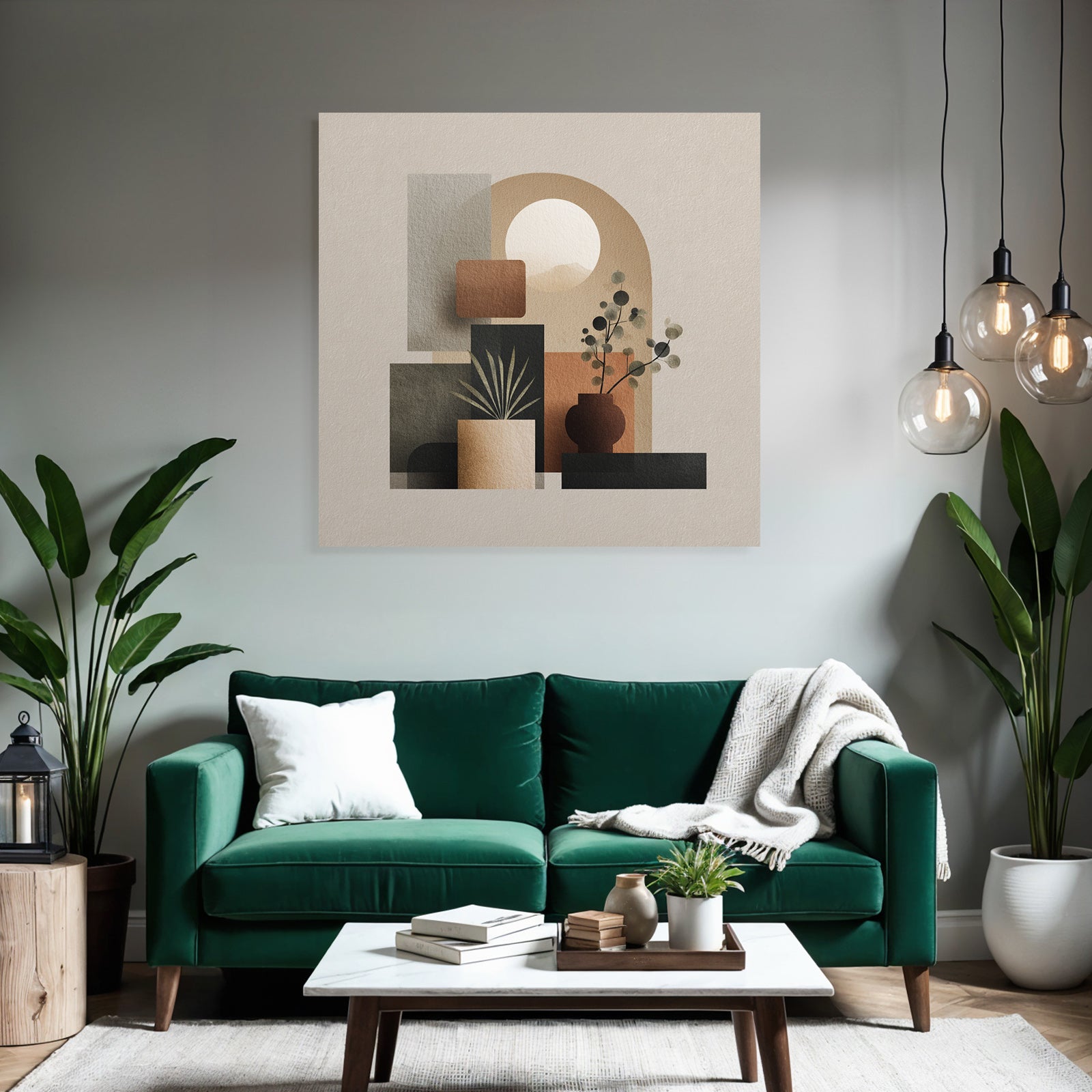 Modern Abstract Geometric Illustration With Plants And Sun Element Earthy Tones