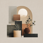Modern Abstract Geometric Illustration With Plants And Sun Element Earthy Tones | Japandi | Einrichtungsstile