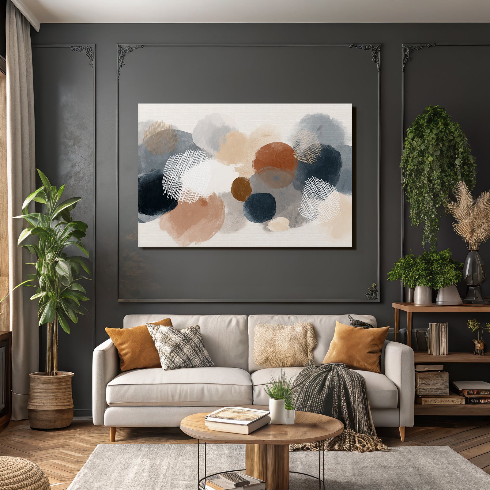 Abstract Circles Modern Aesthetic Muted Colors Blue Orange Beige Gray