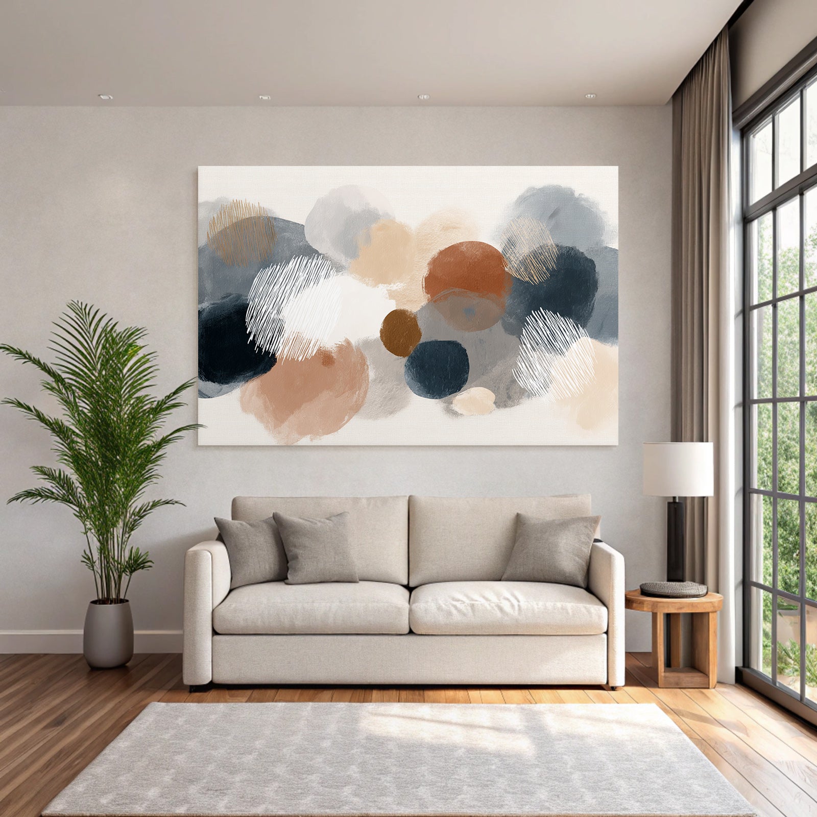 Abstract Circles Modern Aesthetic Muted Colors Blue Orange Beige Gray