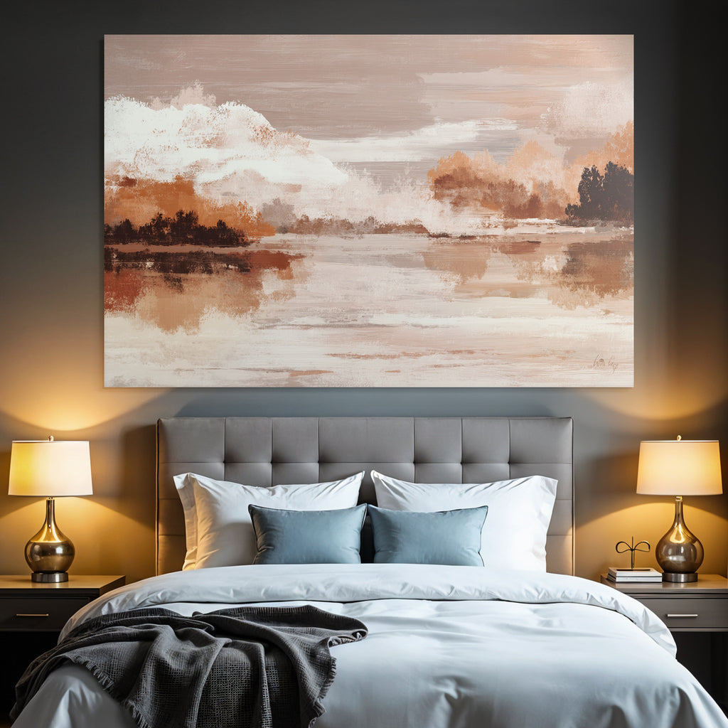 Abstract Landscape Painting Serene Scene With Water And Clouds Soft Colors Textures