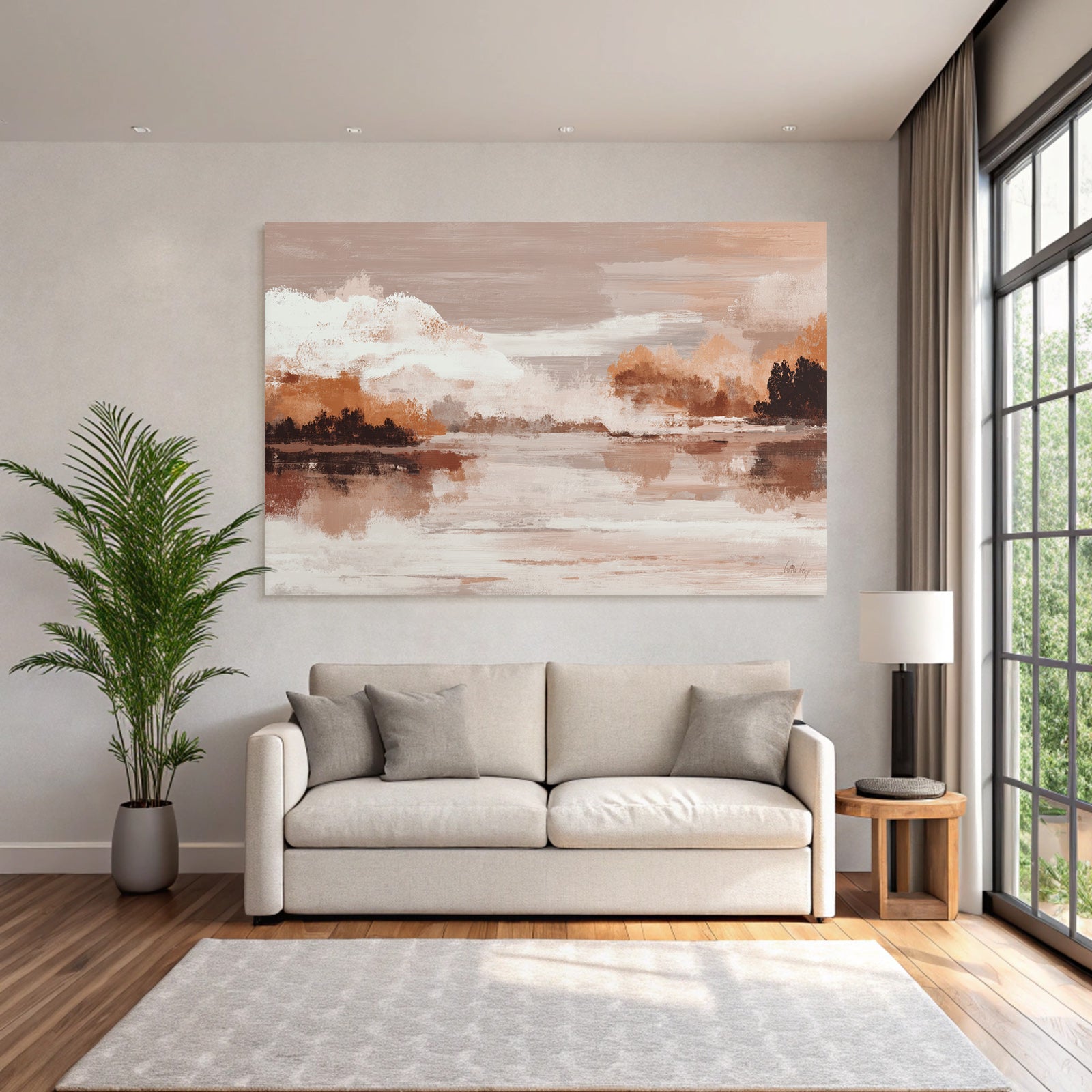 Abstract Landscape Painting Serene Scene With Water And Clouds Soft Colors Textures