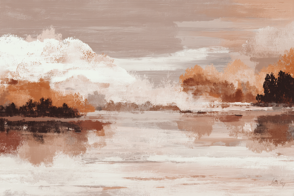 Abstract Landscape Painting Serene Scene With Water And Clouds Soft Colors Textures | Japandi | Einrichtungsstile