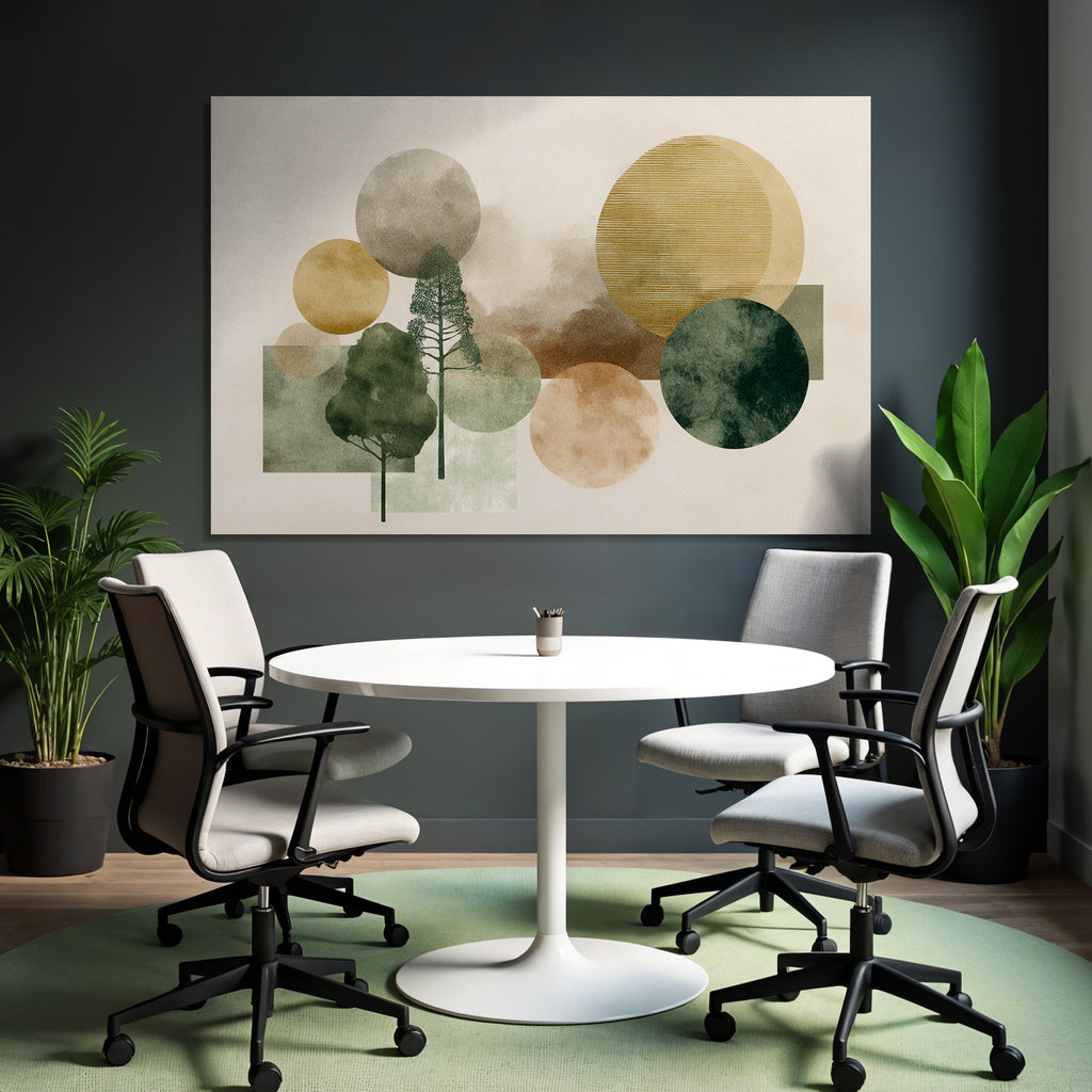 Abstract Trees With Circles Muted Colors Greens Browns Golds