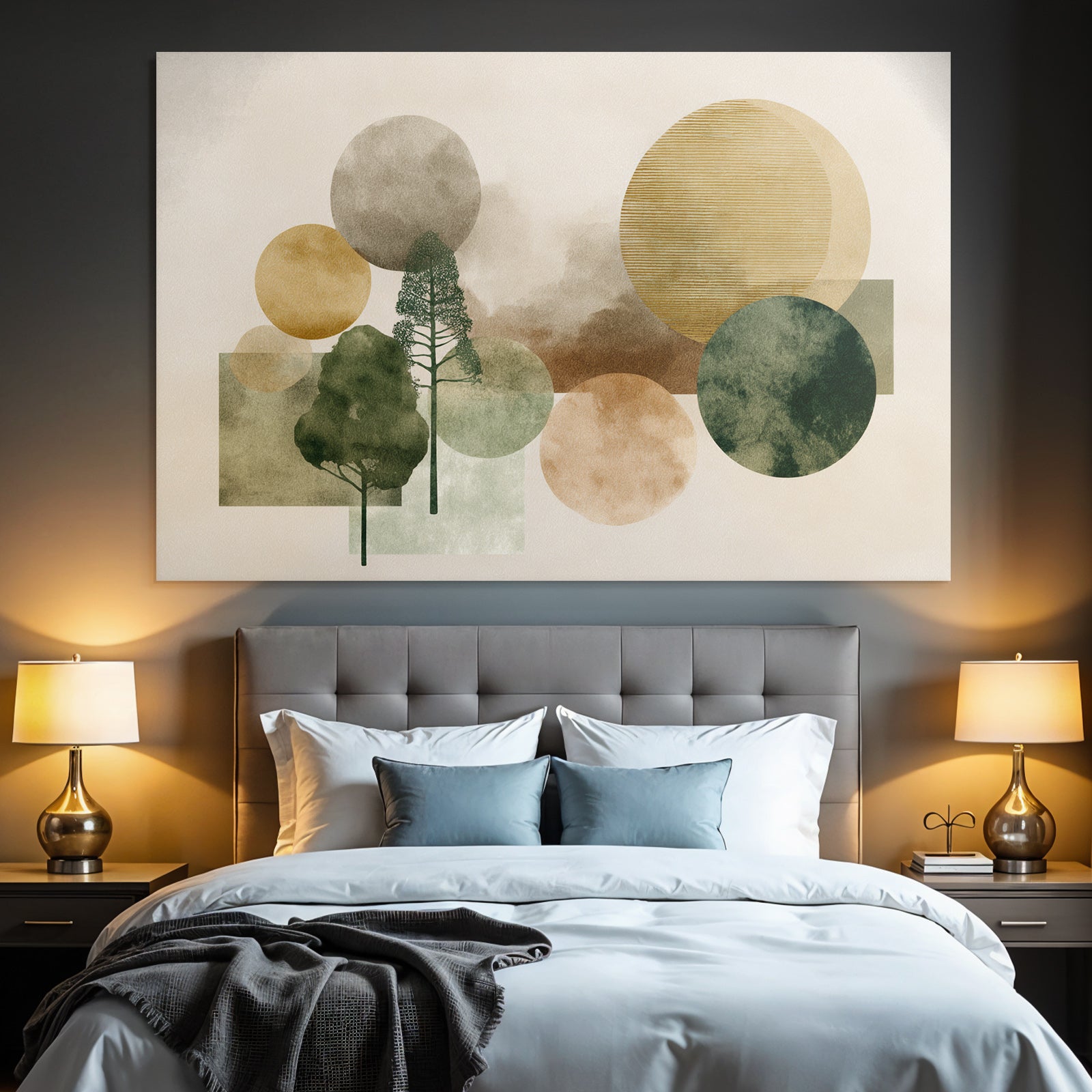 Abstract Trees With Circles Muted Colors Greens Browns Golds