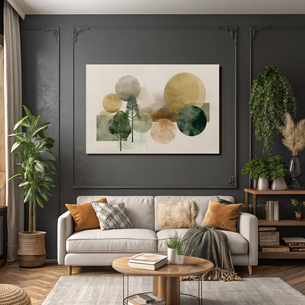 Abstract Trees With Circles Muted Colors Greens Browns Golds