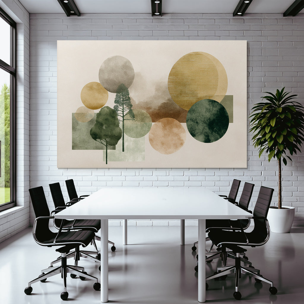 Abstract Trees With Circles Muted Colors Greens Browns Golds