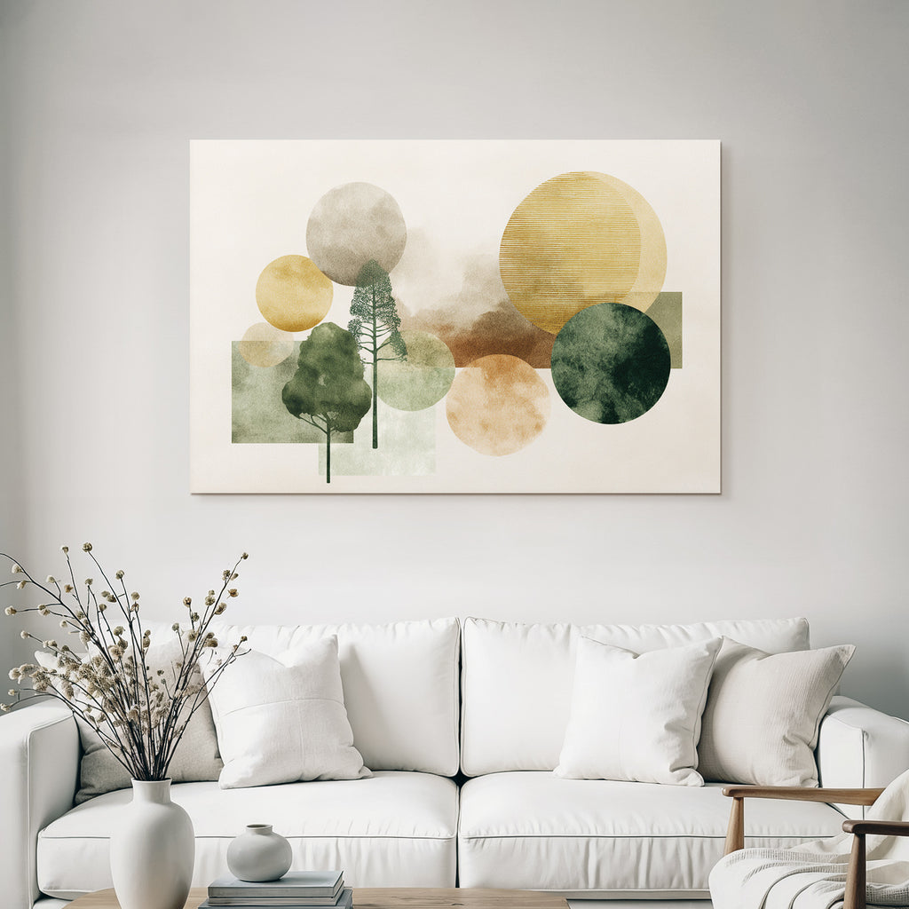 Abstract Trees With Circles Muted Colors Greens Browns Golds