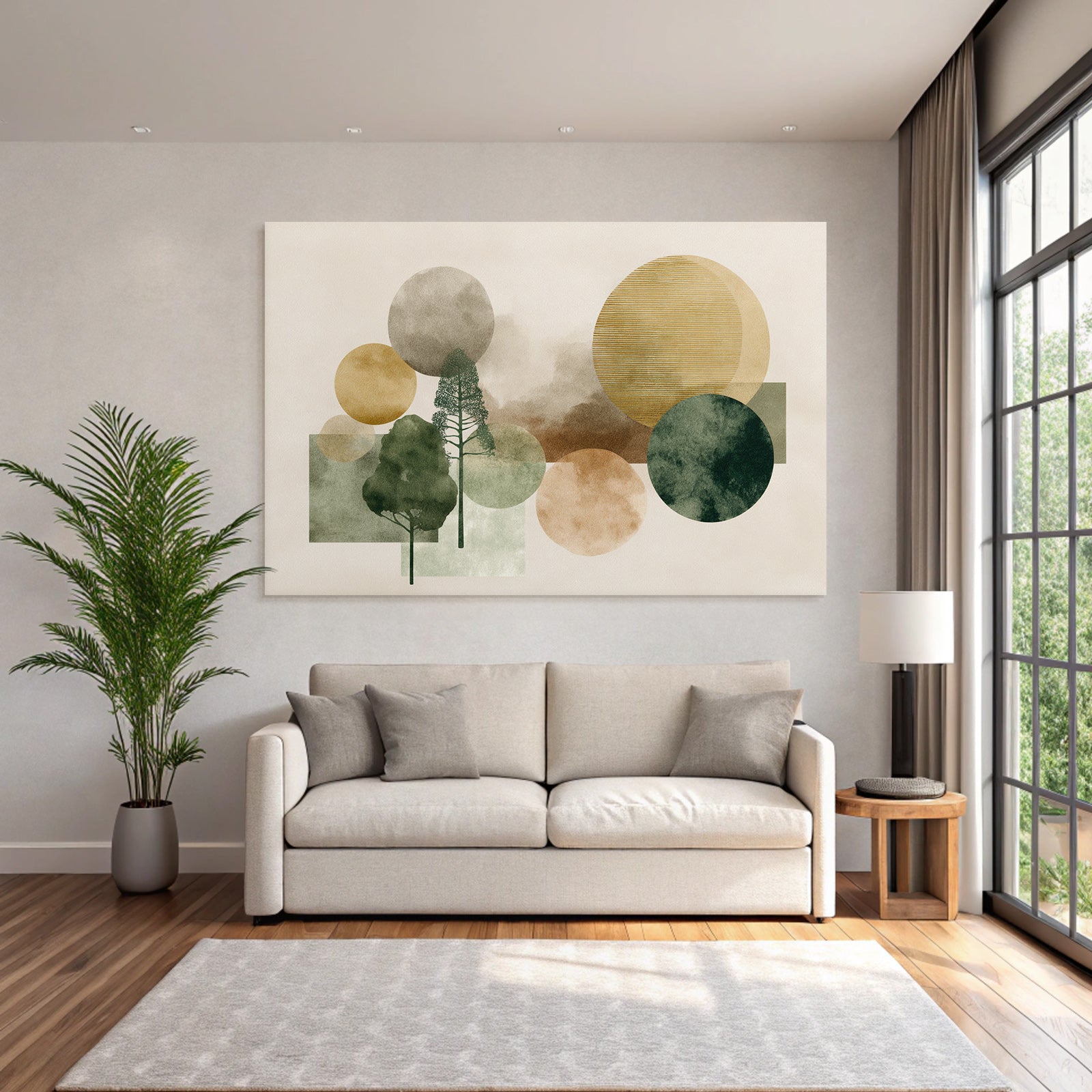 Abstract Trees With Circles Muted Colors Greens Browns Golds