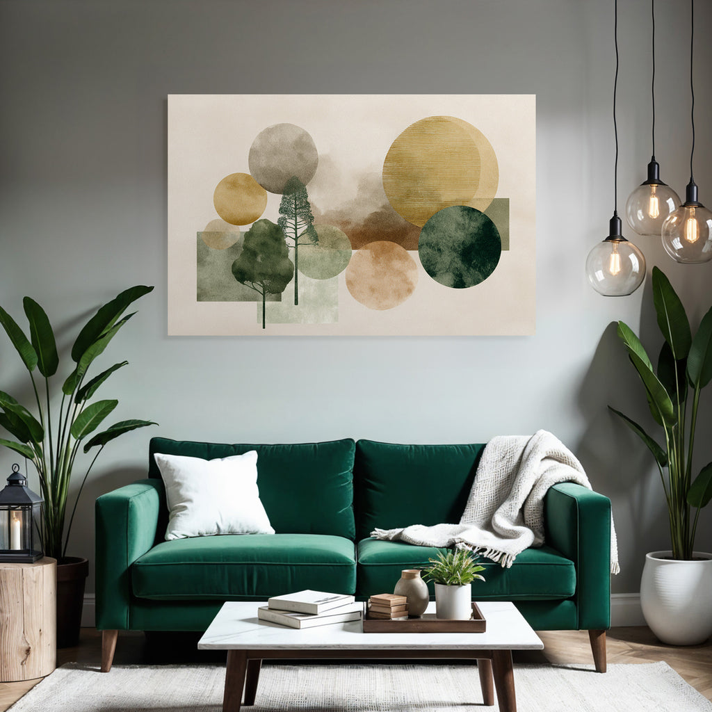 Abstract Trees With Circles Muted Colors Greens Browns Golds