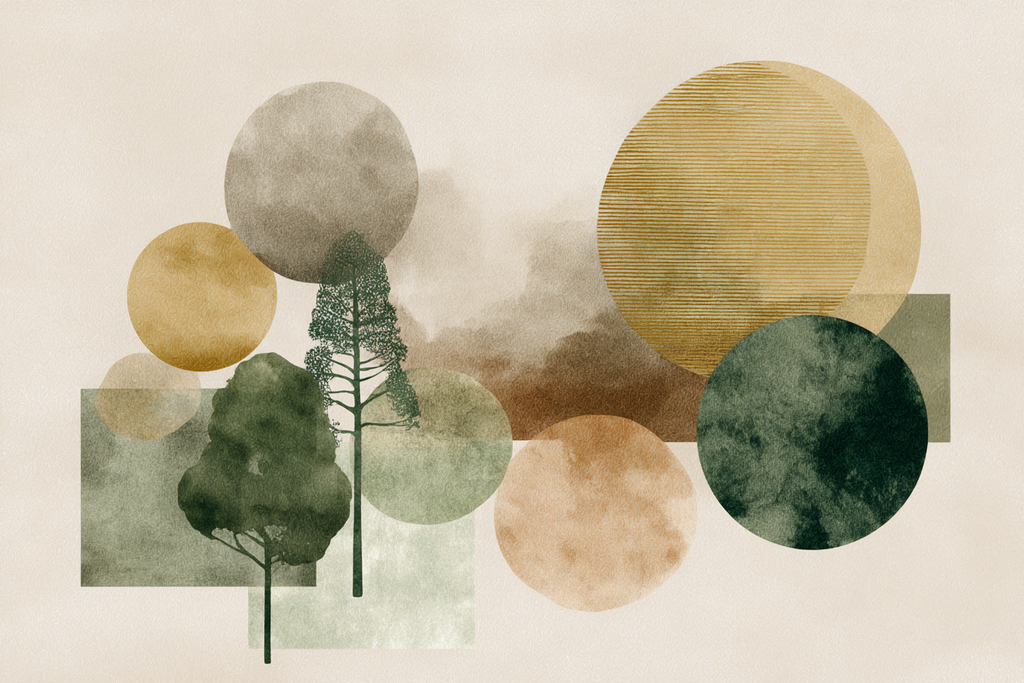 Abstract Trees With Circles Muted Colors Greens Browns Golds | Japandi | Einrichtungsstile