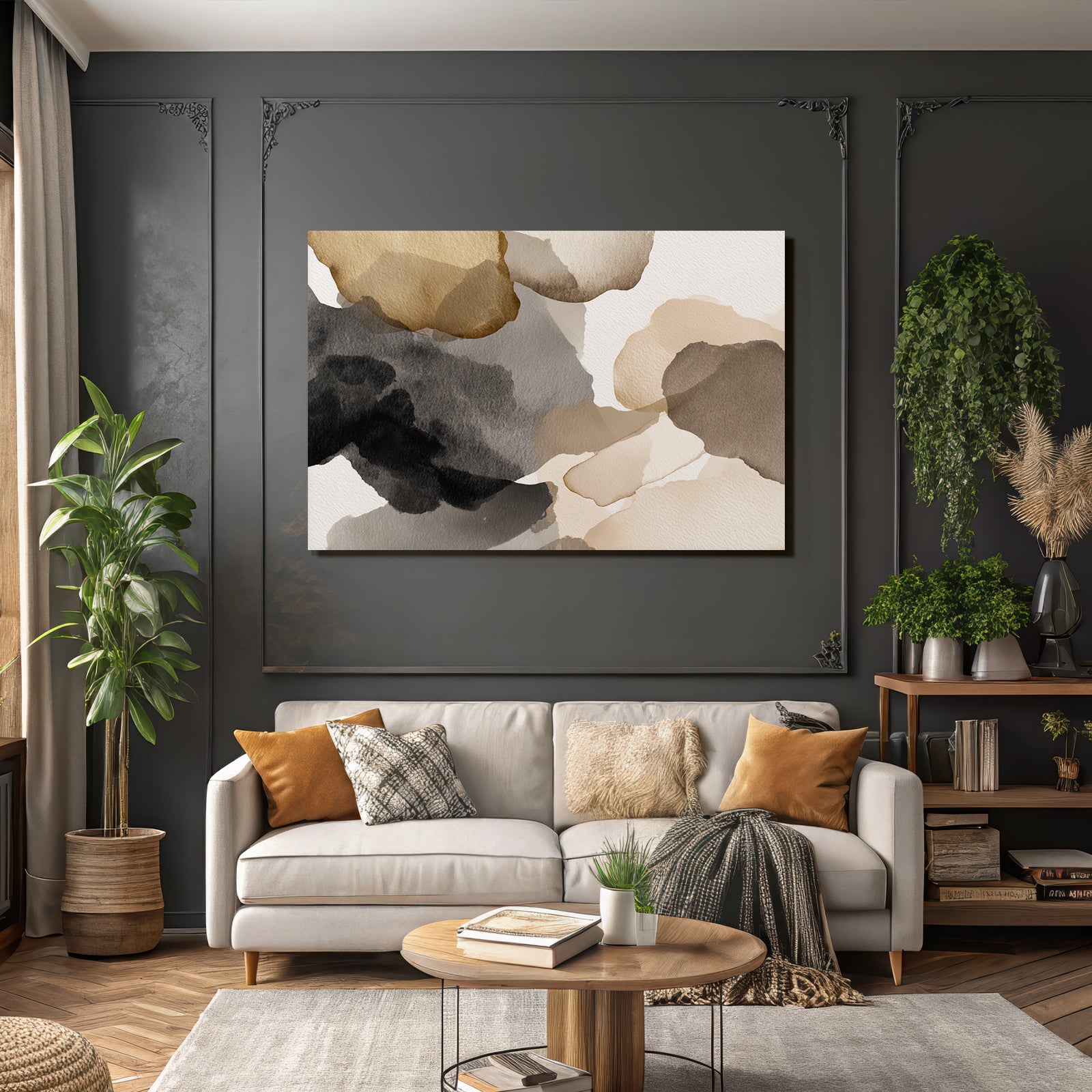 Abstrakte Aquarellmalerei Erdtoene Braun Schwarz Beige
