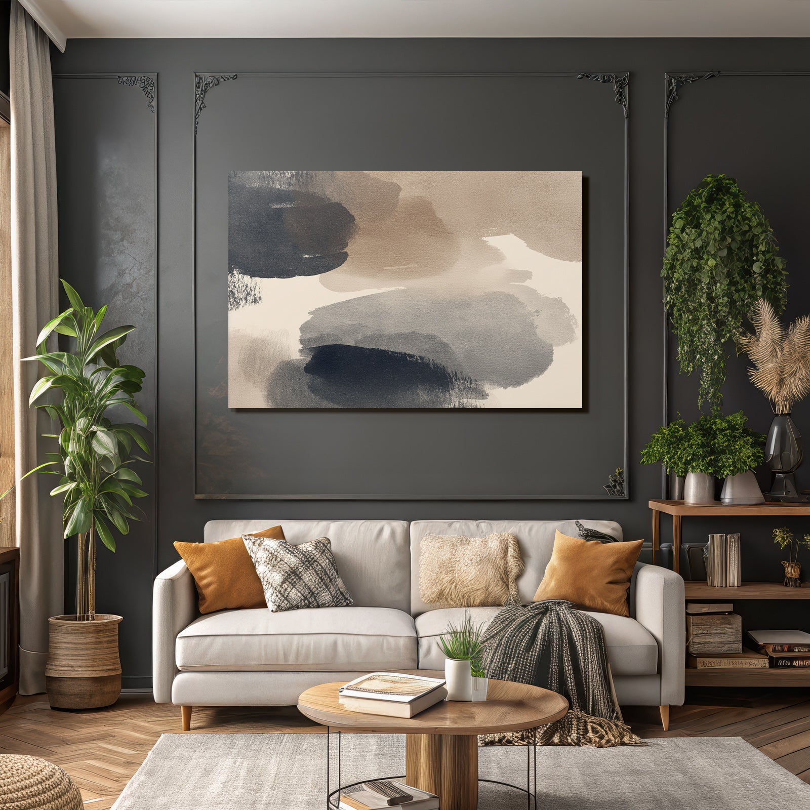 Abstrakte Aquarellmalerei In Beige Braun Und Marineblau