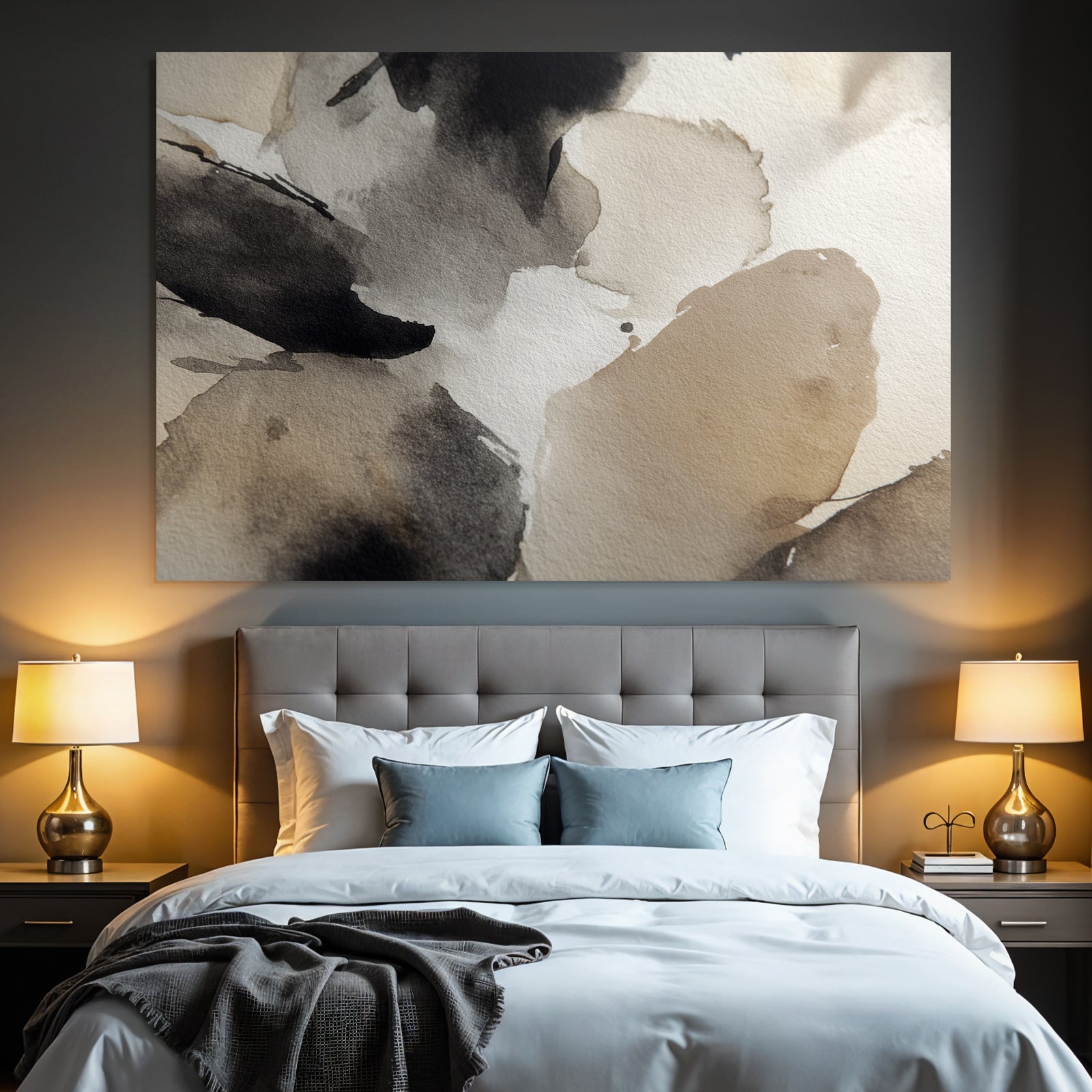 Abstrakte Aquarellmalerei Schwarz Beige Weiss