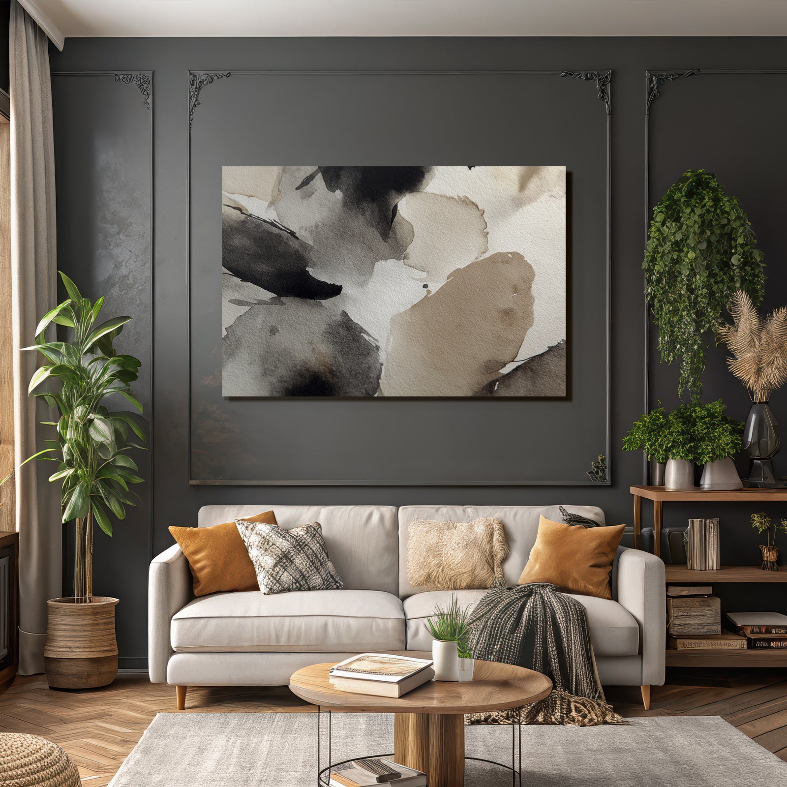 Abstrakte Aquarellmalerei Schwarz Beige Weiss