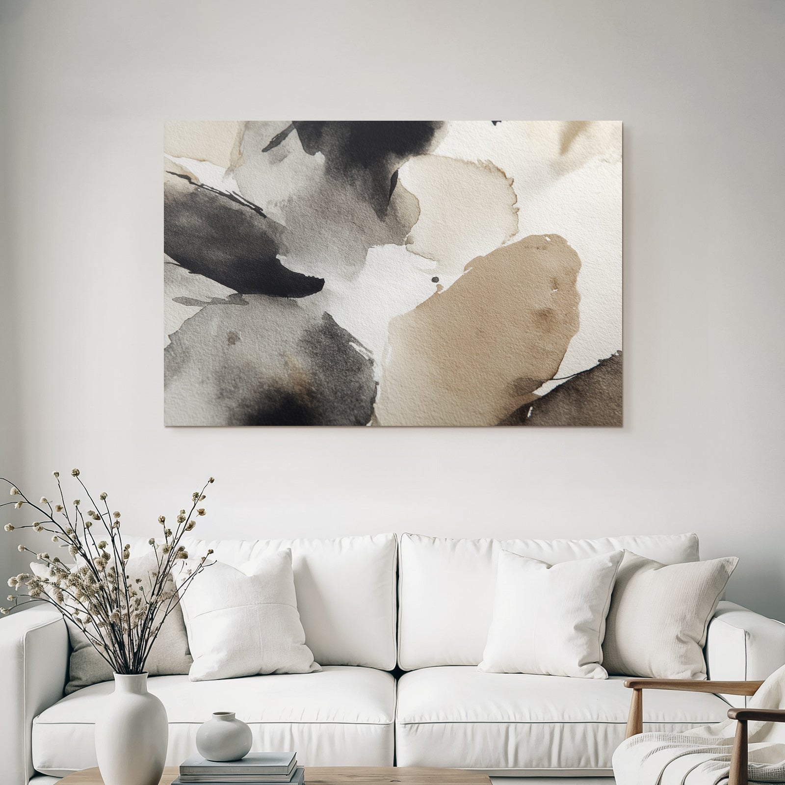 Abstrakte Aquarellmalerei Schwarz Beige Weiss