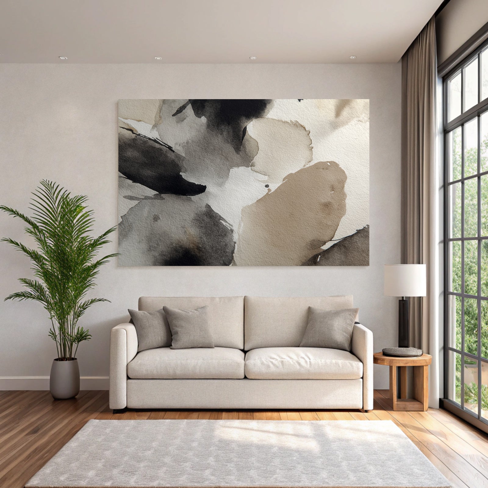 Abstrakte Aquarellmalerei Schwarz Beige Weiss