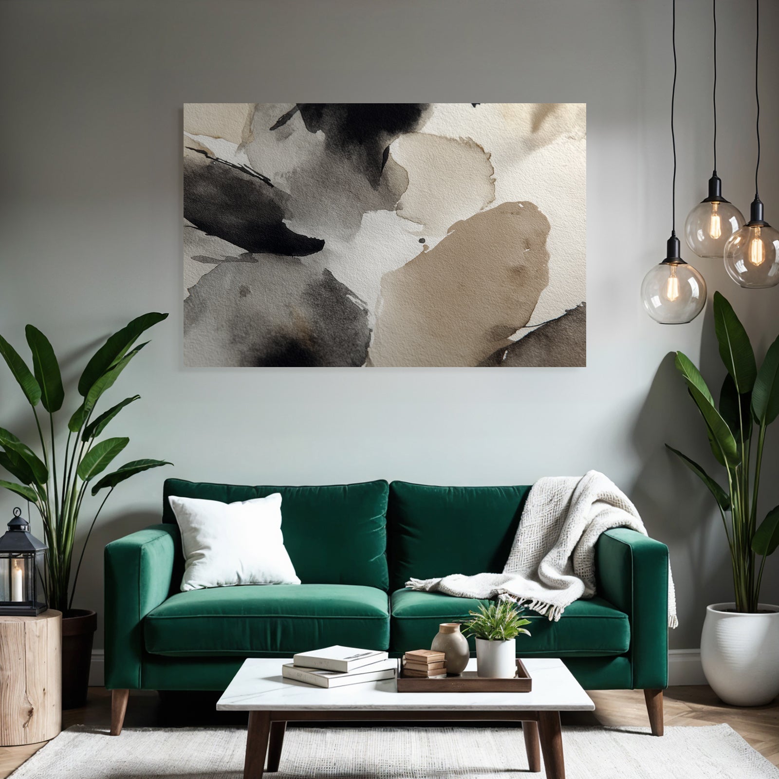 Abstrakte Aquarellmalerei Schwarz Beige Weiss