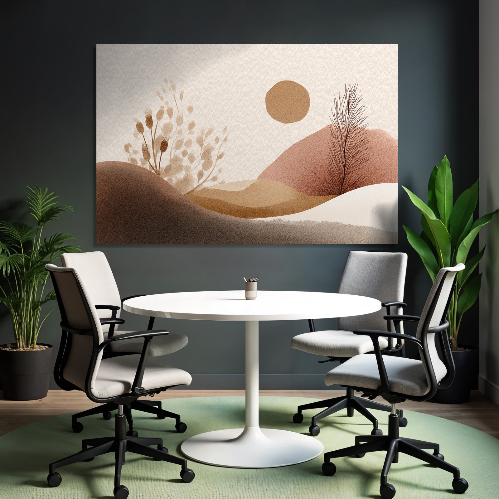 Abstrakte Illustration Einfache Formen Erdige Farben Huegel Pflanzen Sonne