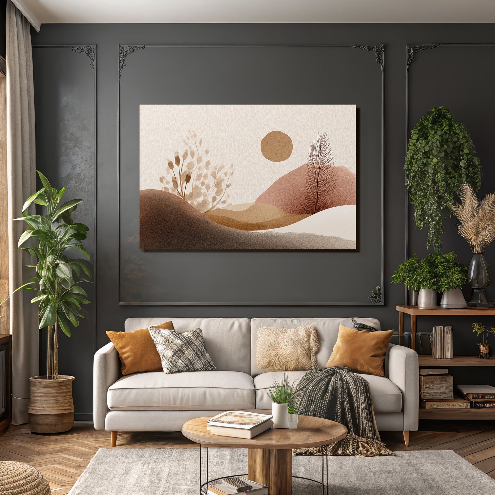 Abstrakte Illustration Einfache Formen Erdige Farben Huegel Pflanzen Sonne
