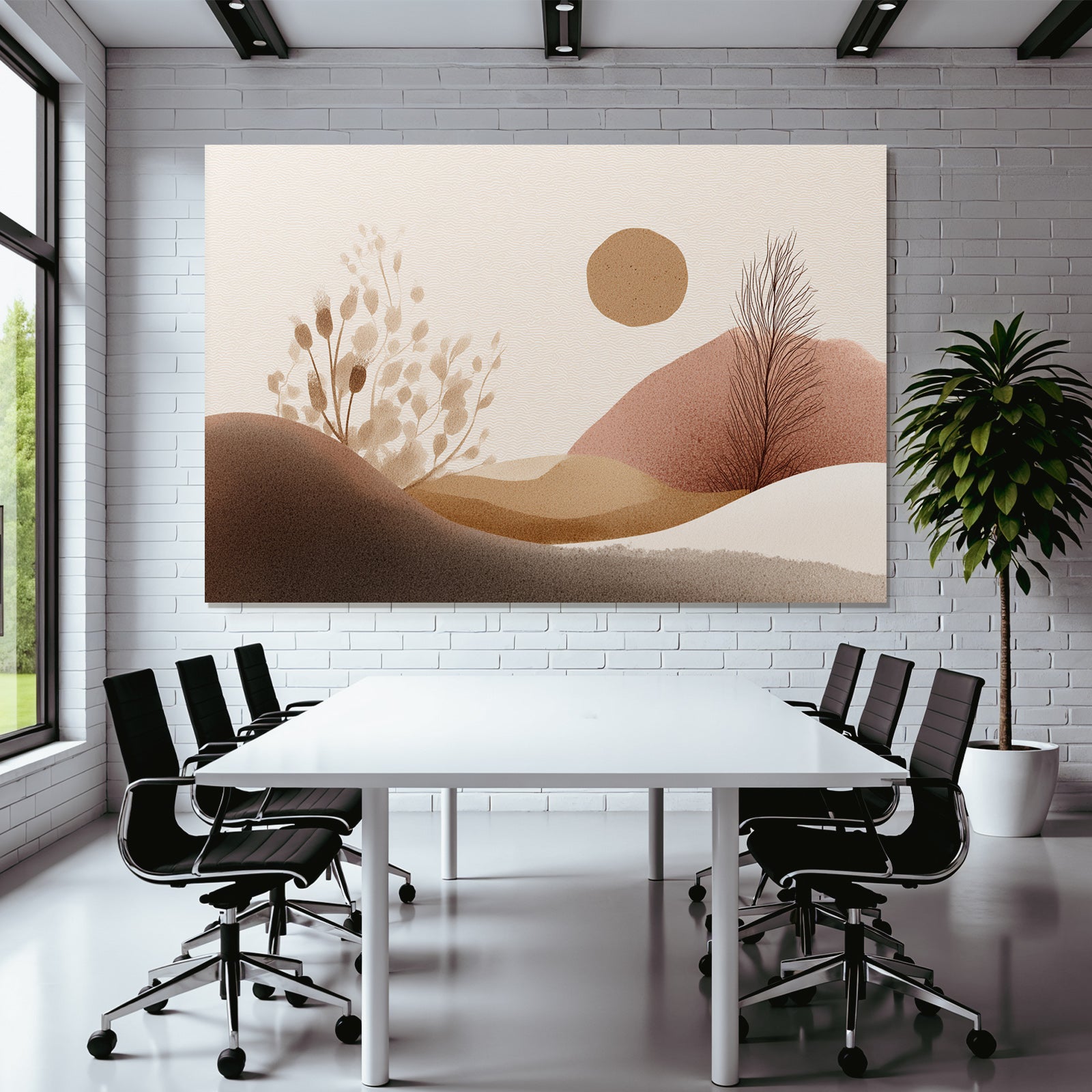 Abstrakte Illustration Einfache Formen Erdige Farben Huegel Pflanzen Sonne