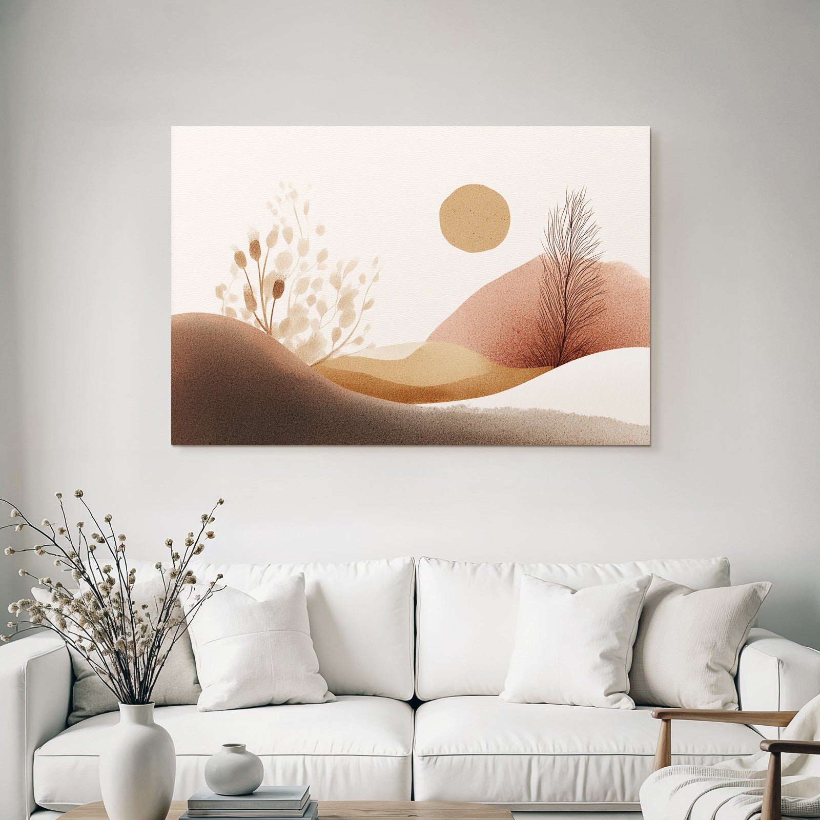Abstrakte Illustration Einfache Formen Erdige Farben Huegel Pflanzen Sonne