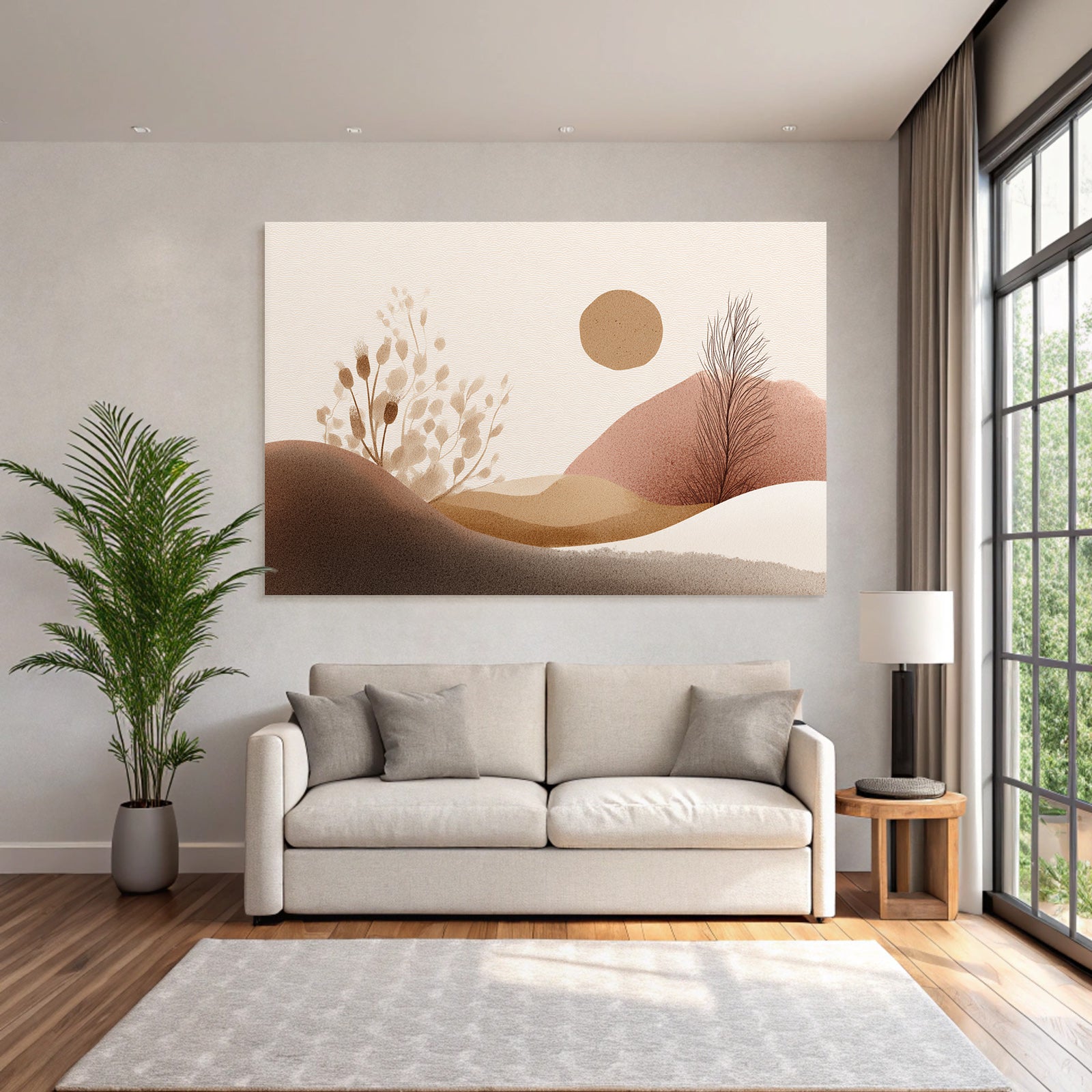 Abstrakte Illustration Einfache Formen Erdige Farben Huegel Pflanzen Sonne