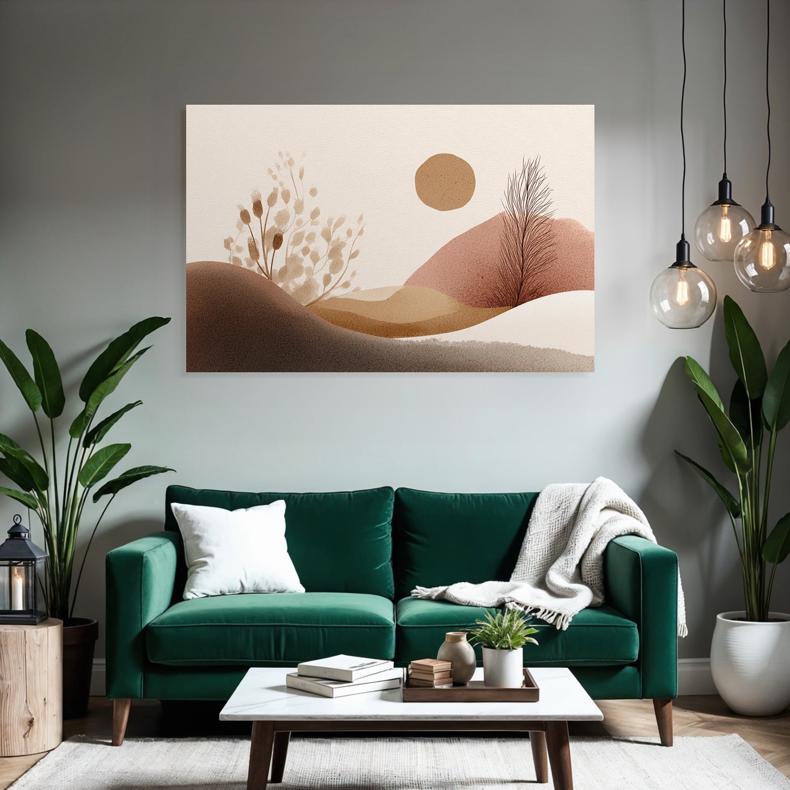 Abstrakte Illustration Einfache Formen Erdige Farben Huegel Pflanzen Sonne