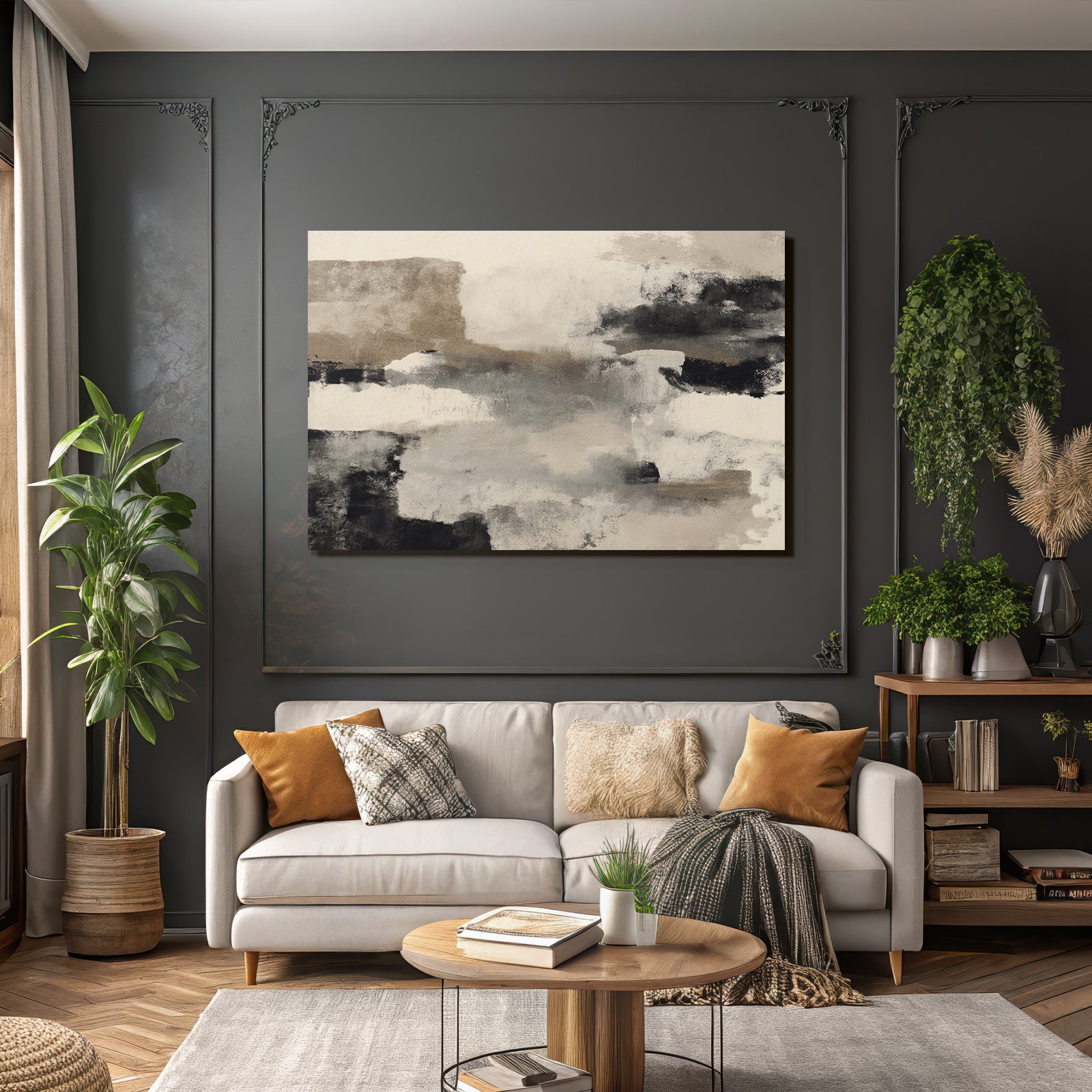 Abstrakte Kunst Mit Beigen Grauen Und Schwarzen Farben Malerischer Stil Mit Texturen