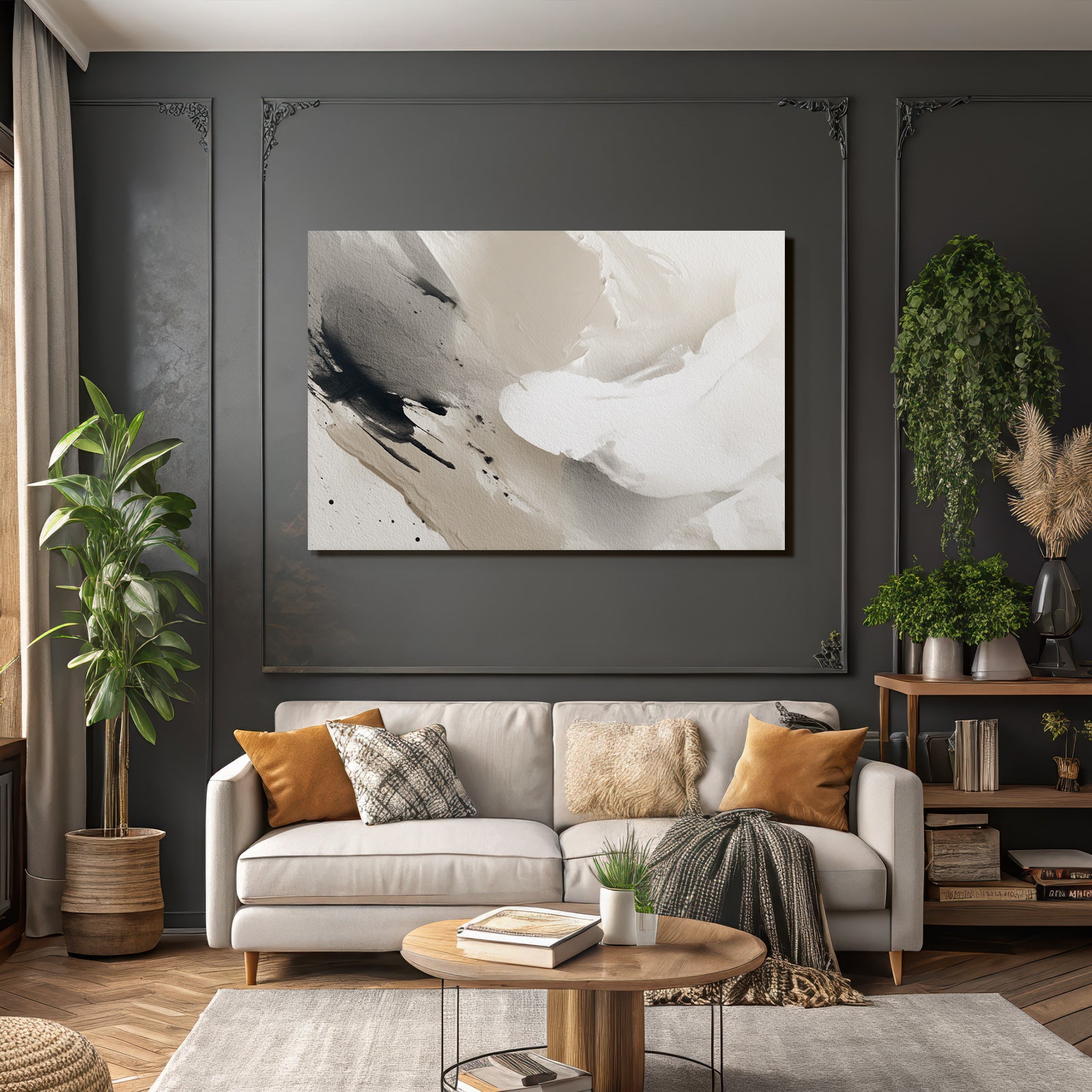 Abstrakte Kunst Sanfte Streifen Schwarz Grau Beige Fluessige Texturen