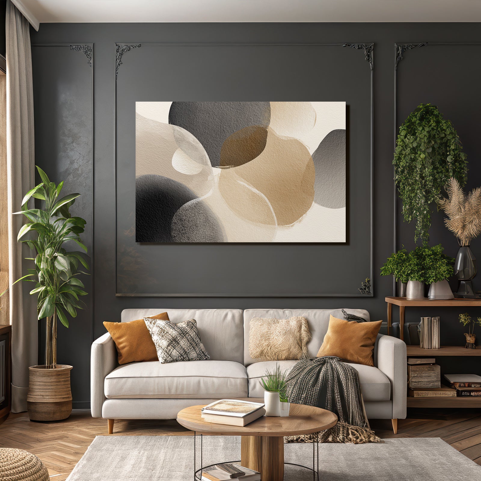 Abstrakte Wasserfarbenformen In Schwarz Beige Und Braun Auf Weichem Hintergrund