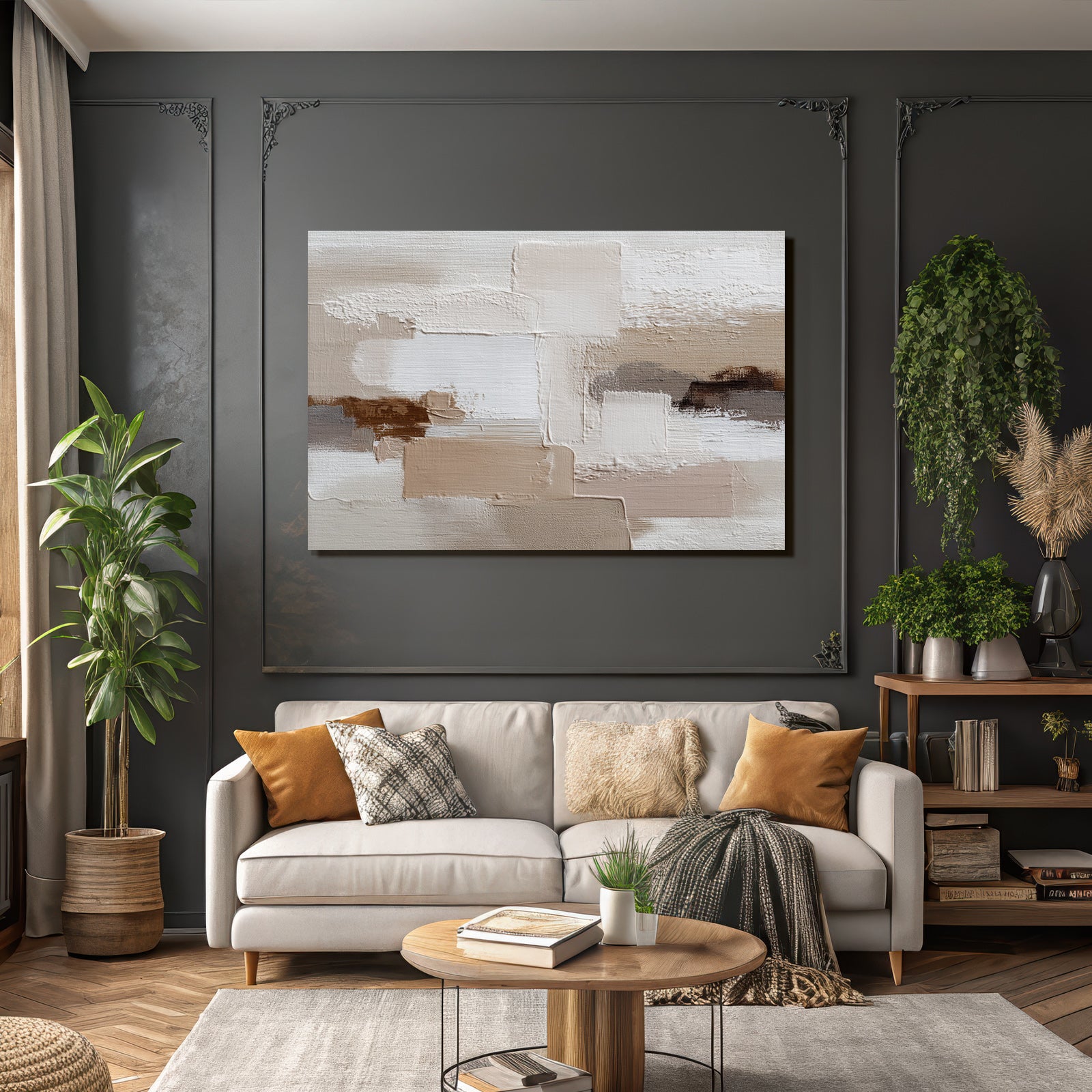 Abstraktes Gemaelde Beige Weiss Braun