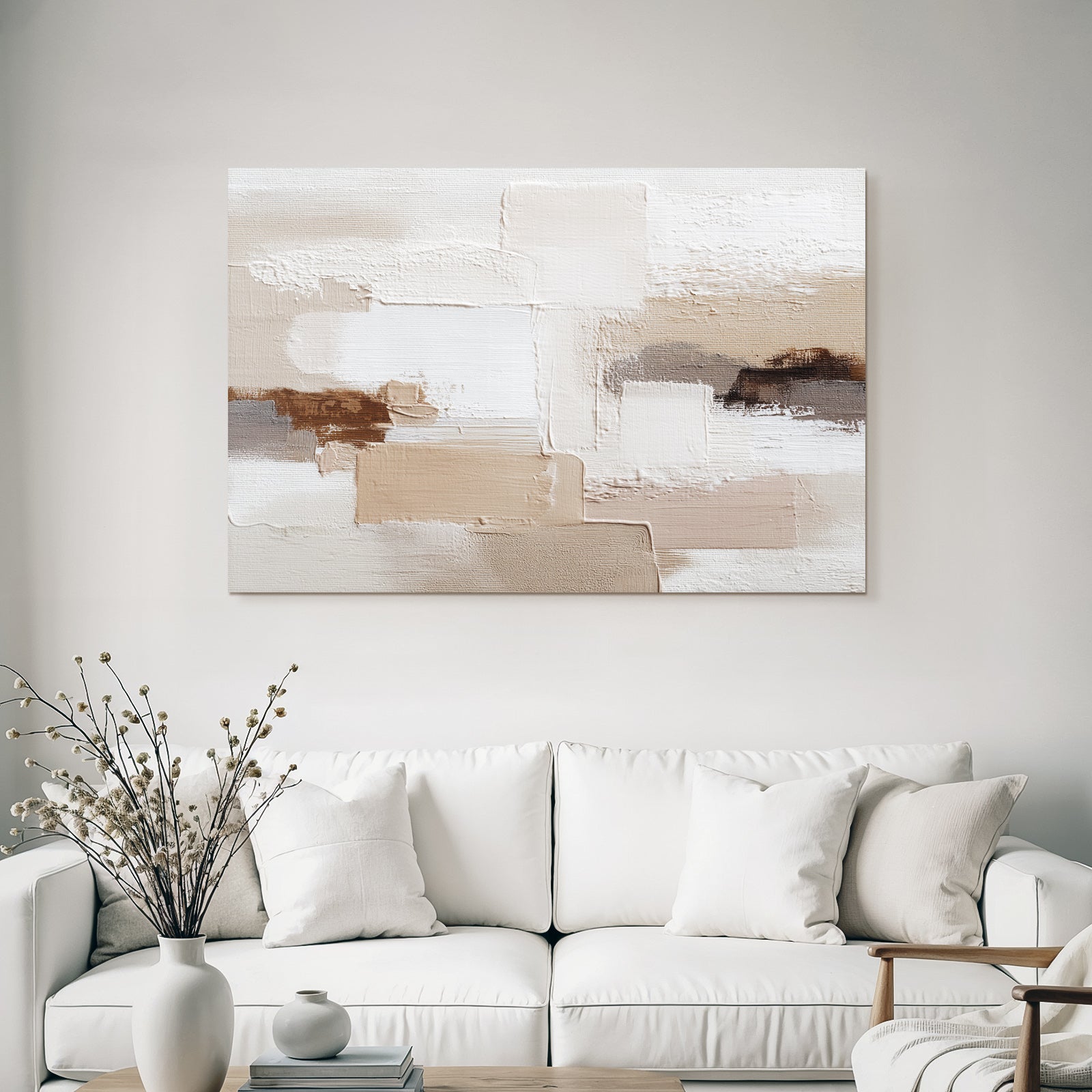 Abstraktes Gemaelde Beige Weiss Braun
