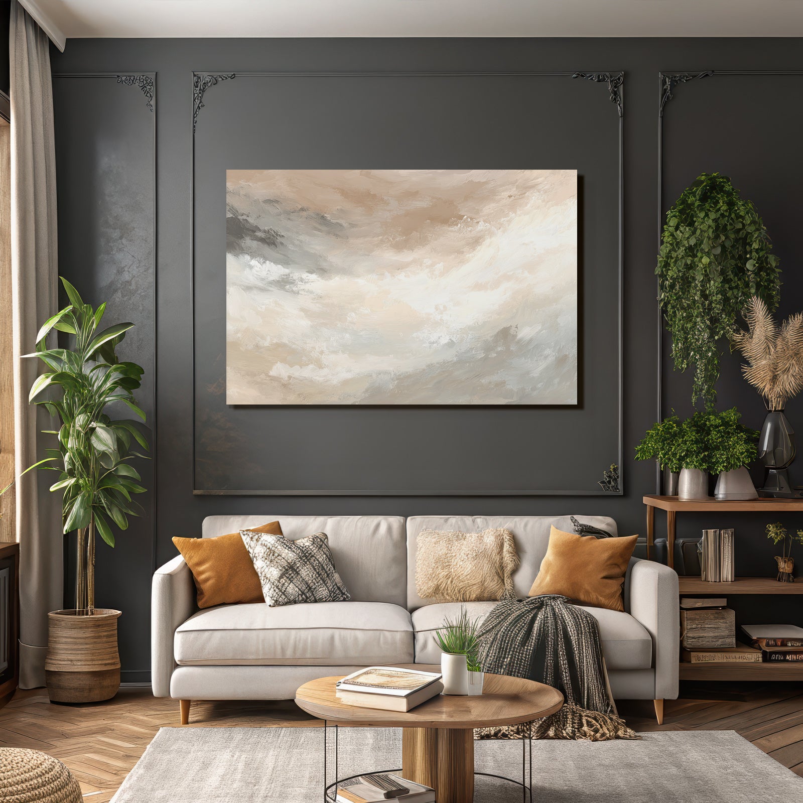 Abstraktes Gemaelde Weiche Farben Beige Cream Grau Weiss
