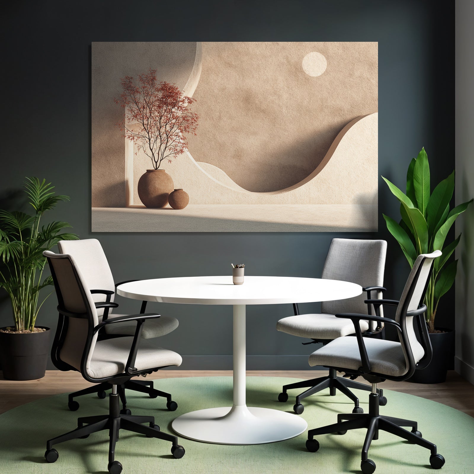 Minimalistische Innenarchitektur Mit Keramikvasen Und Dekbaum Roten Blaettern