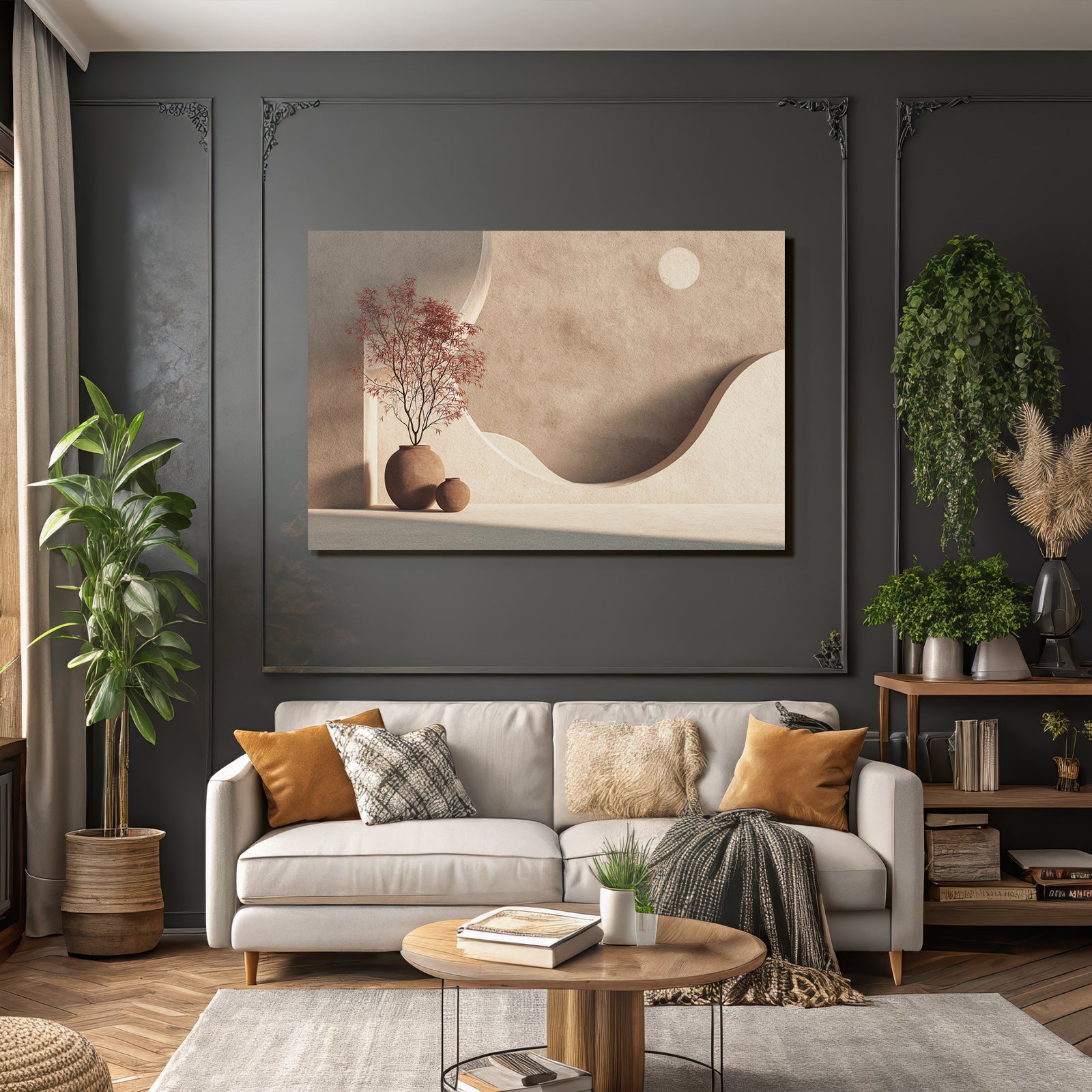 Minimalistische Innenarchitektur Mit Keramikvasen Und Dekbaum Roten Blaettern