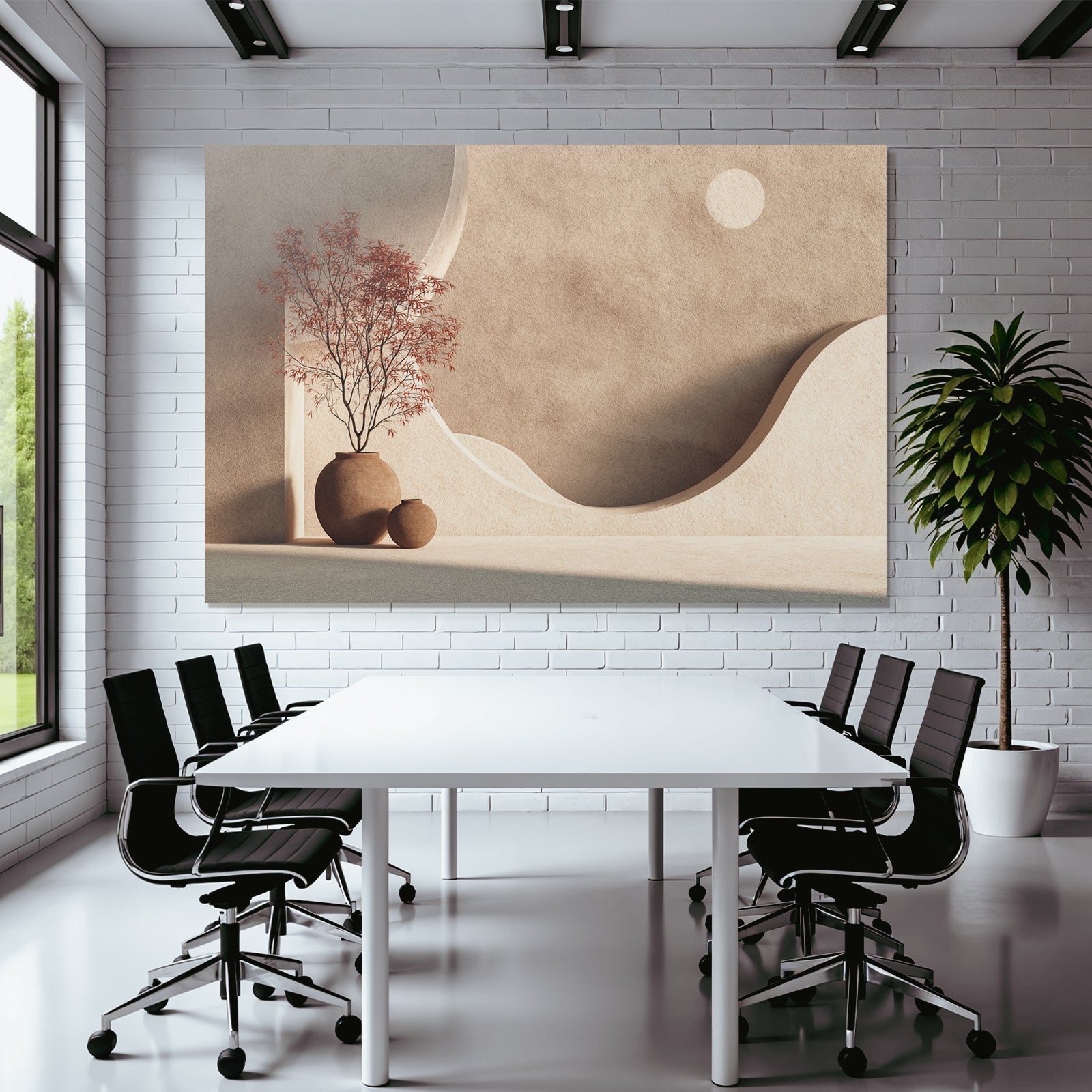 Minimalistische Innenarchitektur Mit Keramikvasen Und Dekbaum Roten Blaettern
