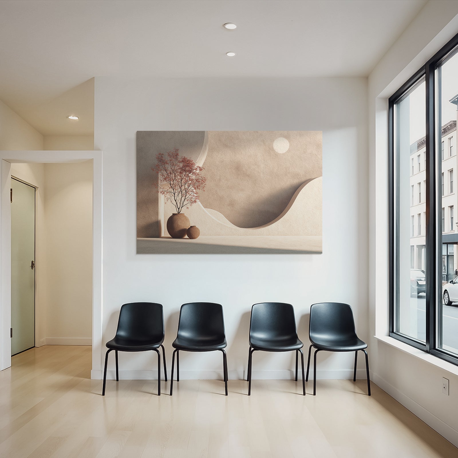 Minimalistische Innenarchitektur Mit Keramikvasen Und Dekbaum Roten Blaettern