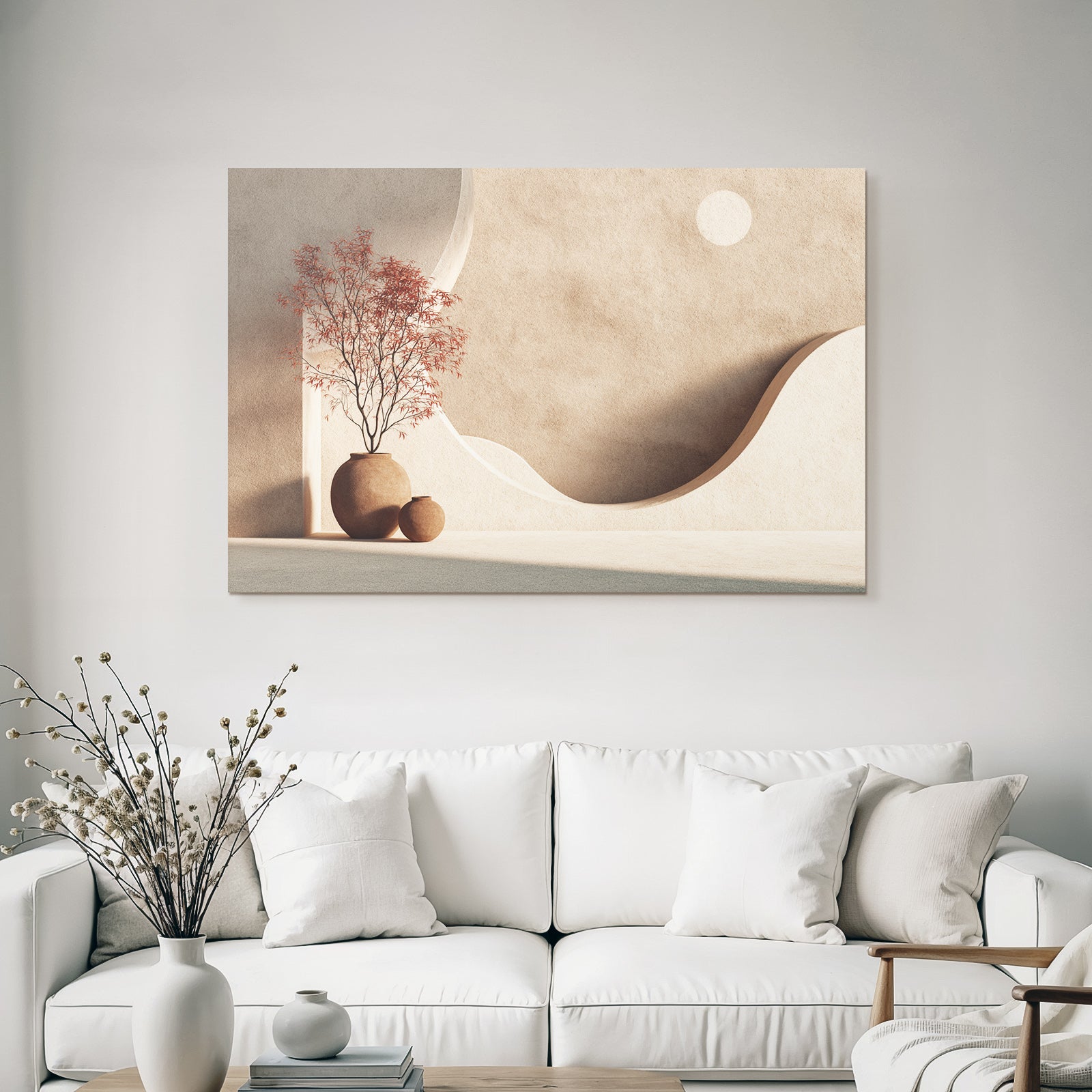 Minimalistische Innenarchitektur Mit Keramikvasen Und Dekbaum Roten Blaettern