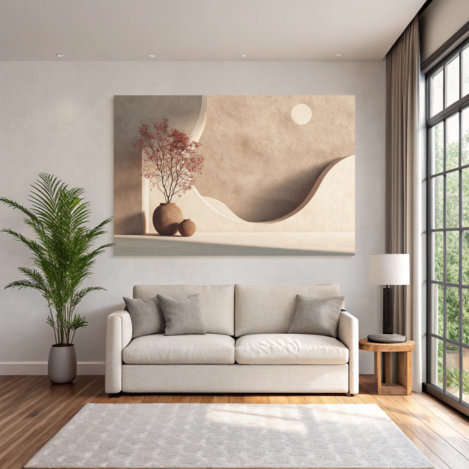 Minimalistische Innenarchitektur Mit Keramikvasen Und Dekbaum Roten Blaettern
