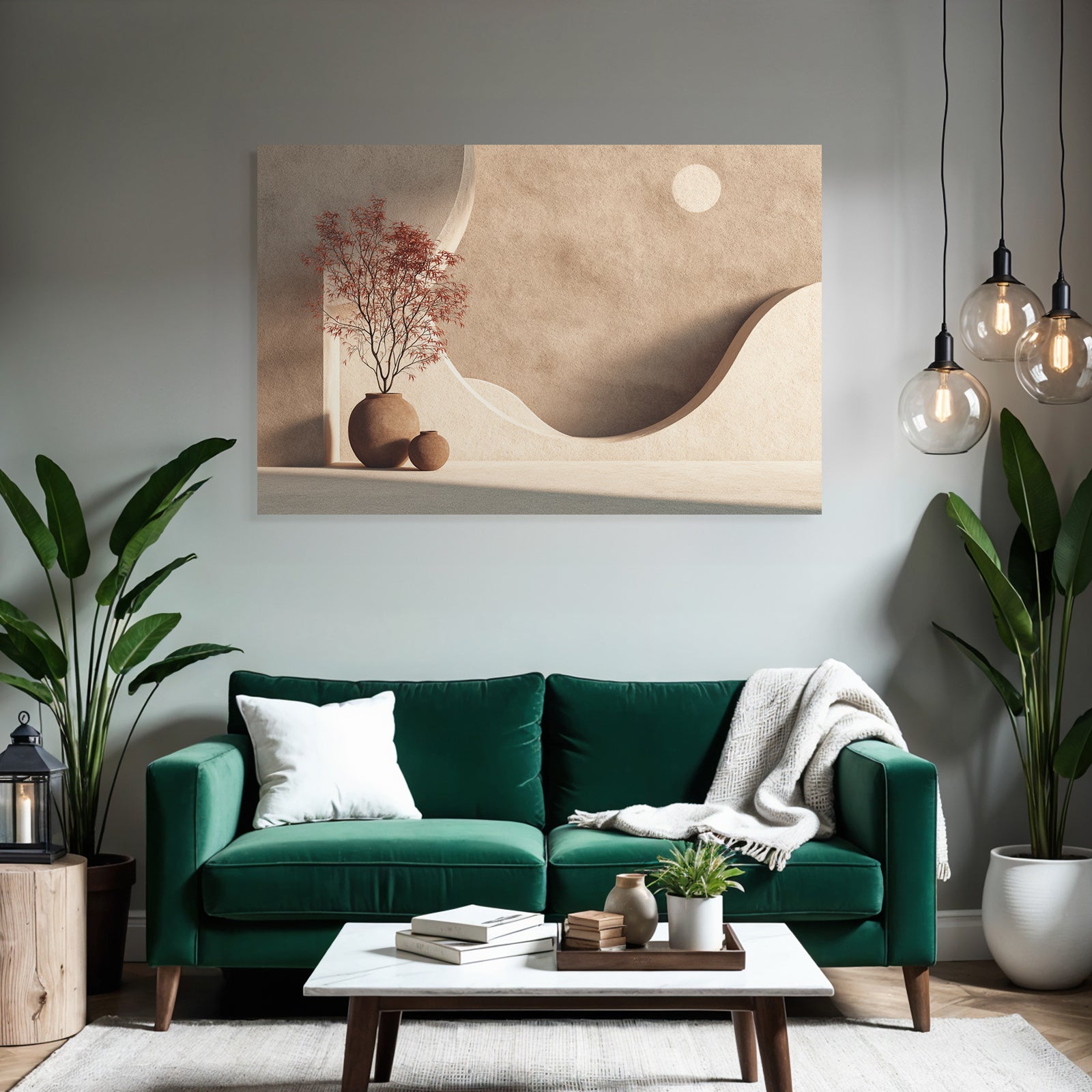 Minimalistische Innenarchitektur Mit Keramikvasen Und Dekbaum Roten Blaettern