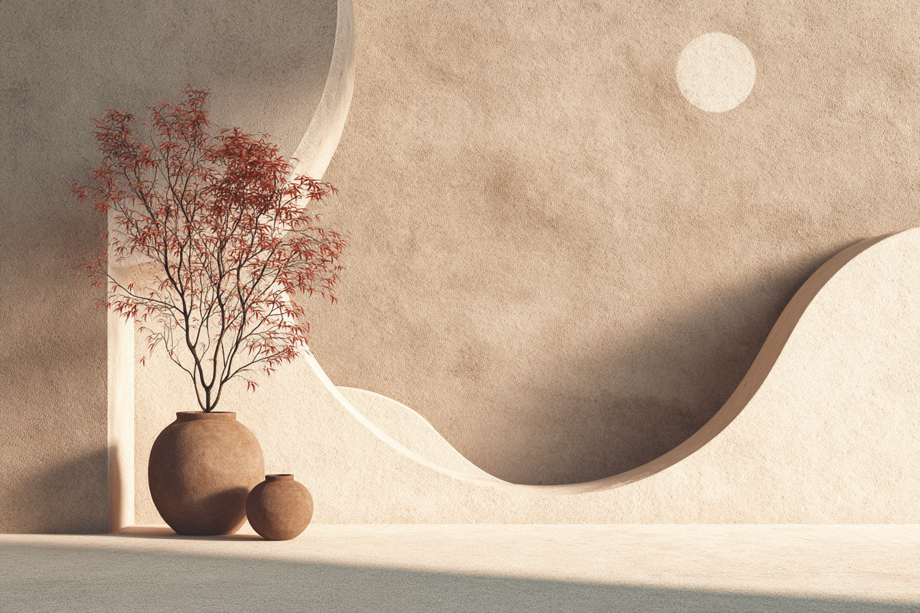 Minimalistische Innenarchitektur Mit Keramikvasen Und Dekbaum Roten Blaettern | Japandi | Einrichtungsstile