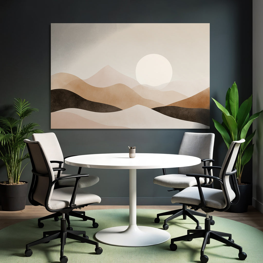 Minimalistische Landschaft Mit Sanften Bergen Und Grosser Sonne In Beige Braun Creme